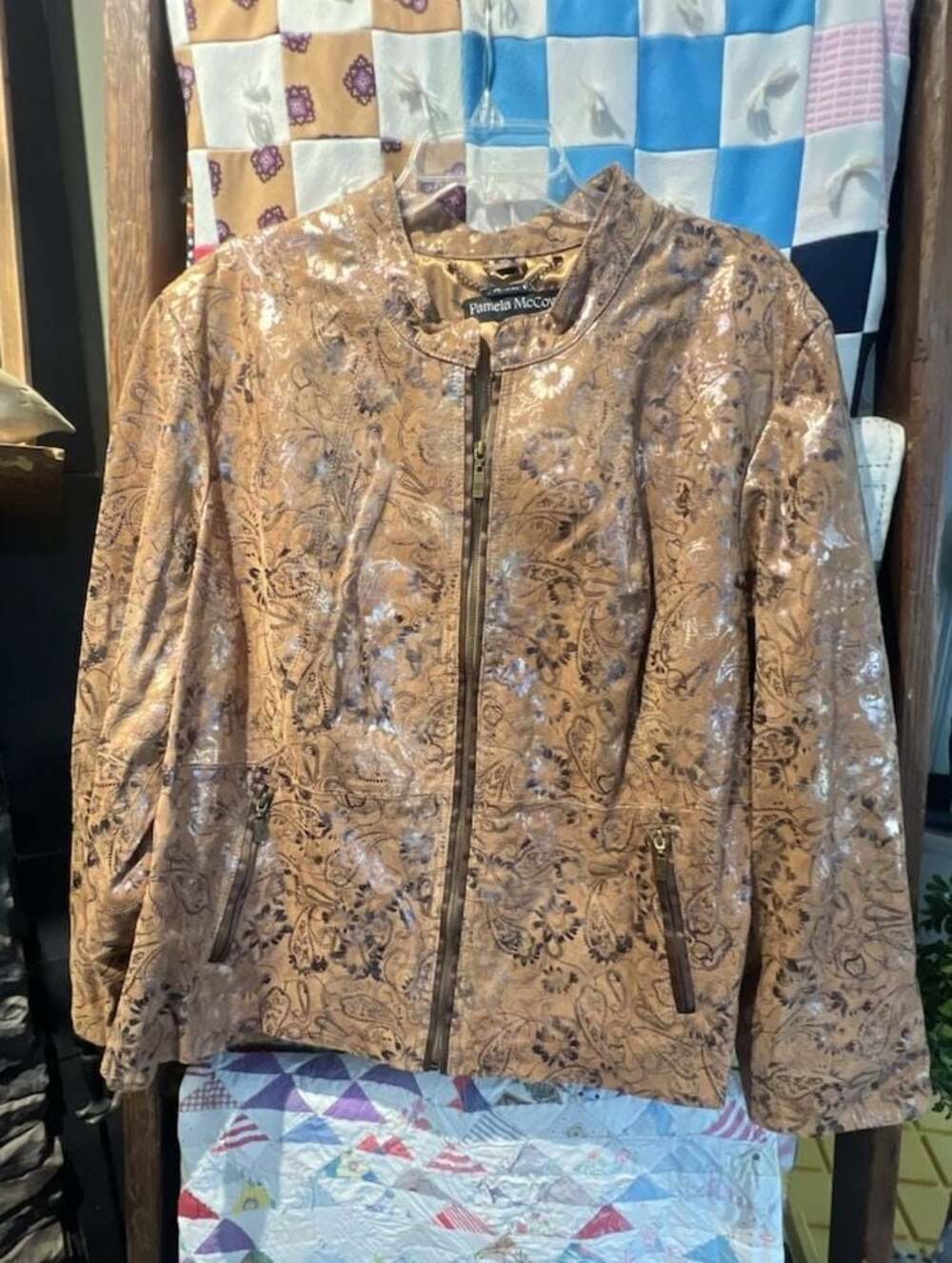 Pamela McCoy Leather Jacket Women 3X Brown Zip Silver Floral Print